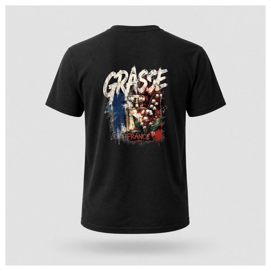 Floating male form wearing the Black Gildan 5000 Grasse Street Code T-shirt showing the BACK design featuring distressed Grasse typography, vintage perfume bottle and lily of the valley artwork inspired by the fragrance capital of France by RIOTTEES.