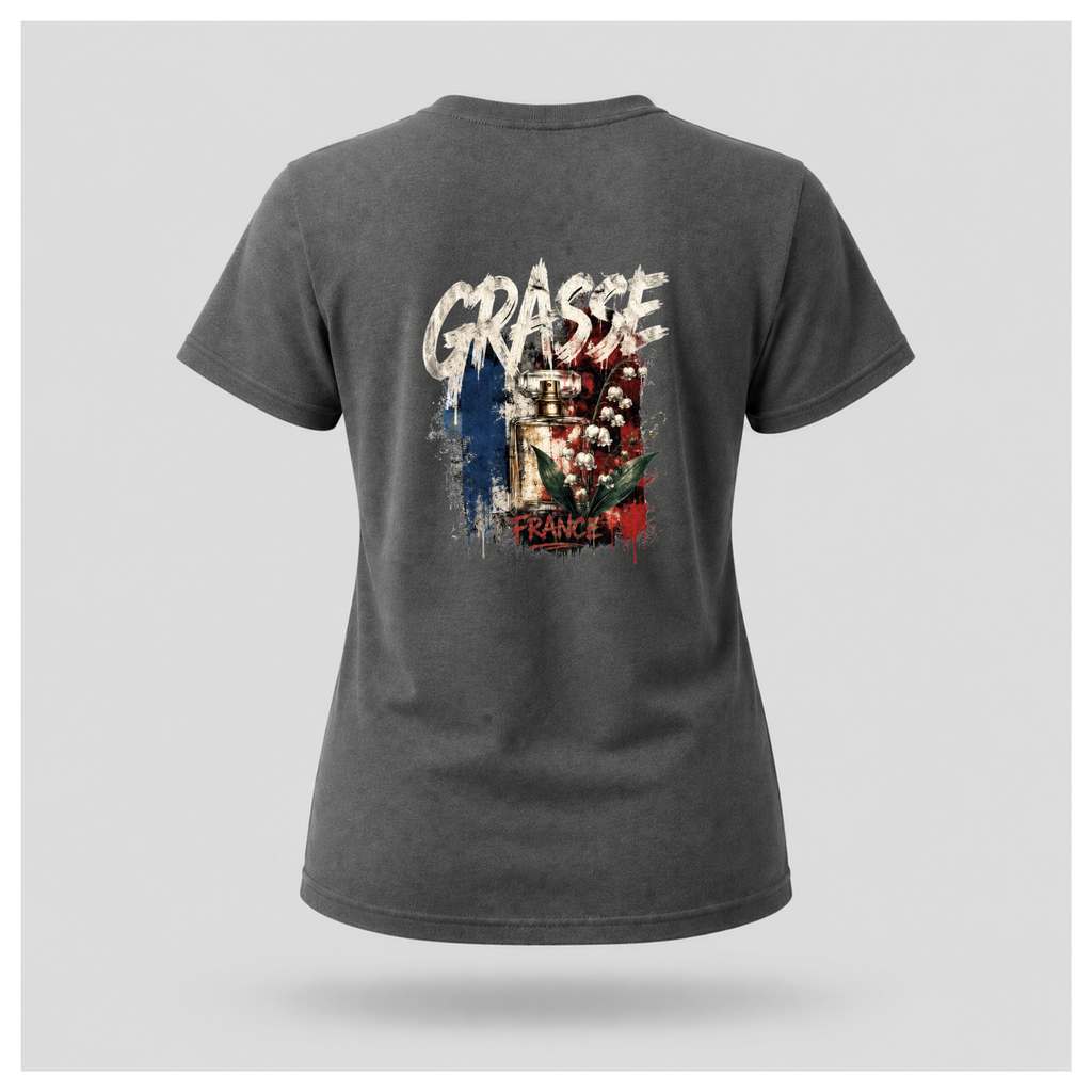 Floating female form wearing the Charcoal Grey Gildan 5000 Grasse Street Code T-shirt showing the BACK design featuring distressed Grasse typography, vintage perfume bottle and lily of the valley artwork inspired by the fragrance capital of France by RIOTTEES.
