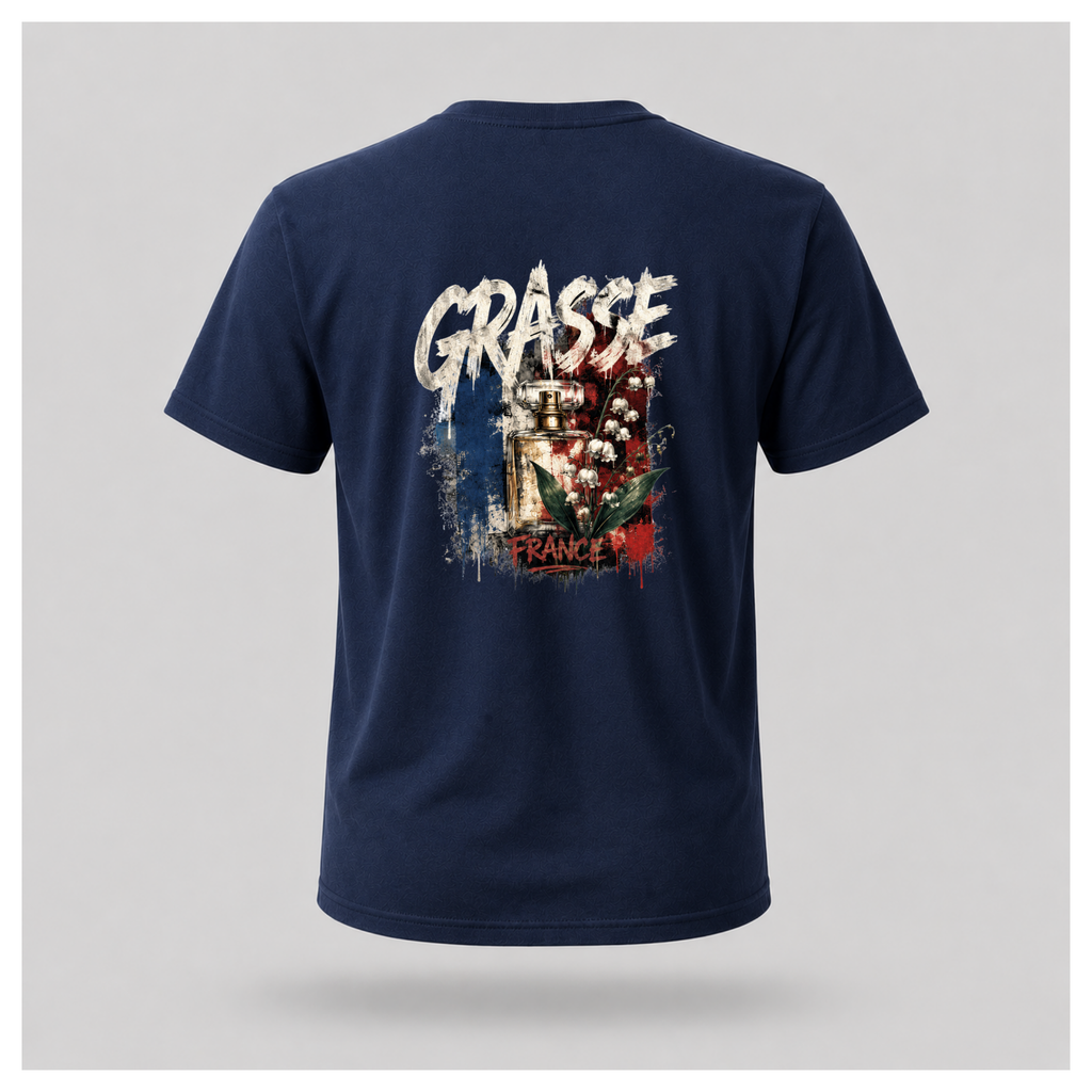 Floating male form wearing the Navy Blue Gildan 5000 Grasse Street Code T-shirt showing the BACK design featuring distressed Grasse typography, vintage perfume bottle and lily of the valley artwork inspired by the fragrance capital of France by RIOTTEES.