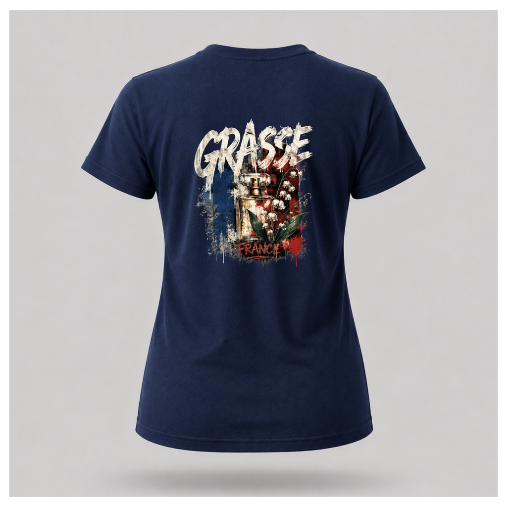 Floating female form wearing the Navy Blue Gildan 5000 Grasse Street Code T-shirt showing the BACK design featuring distressed Grasse typography, vintage perfume bottle and lily of the valley artwork inspired by the fragrance capital of France by RIOTTEES.