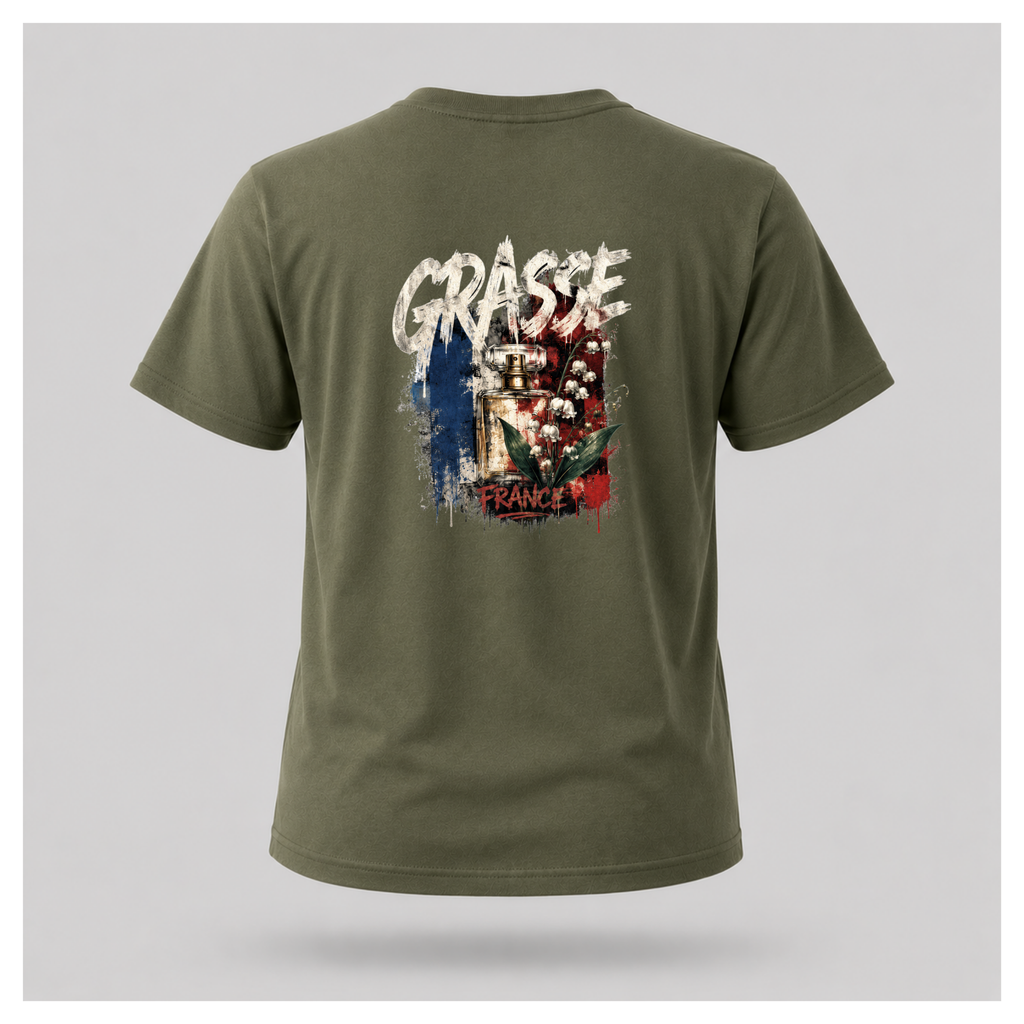 Floating male form wearing the Military Green Gildan 5000 Grasse Street Code T-shirt showing the BACK design featuring distressed Grasse typography, vintage perfume bottle and lily of the valley artwork inspired by the fragrance capital of France by RIOTTEES.