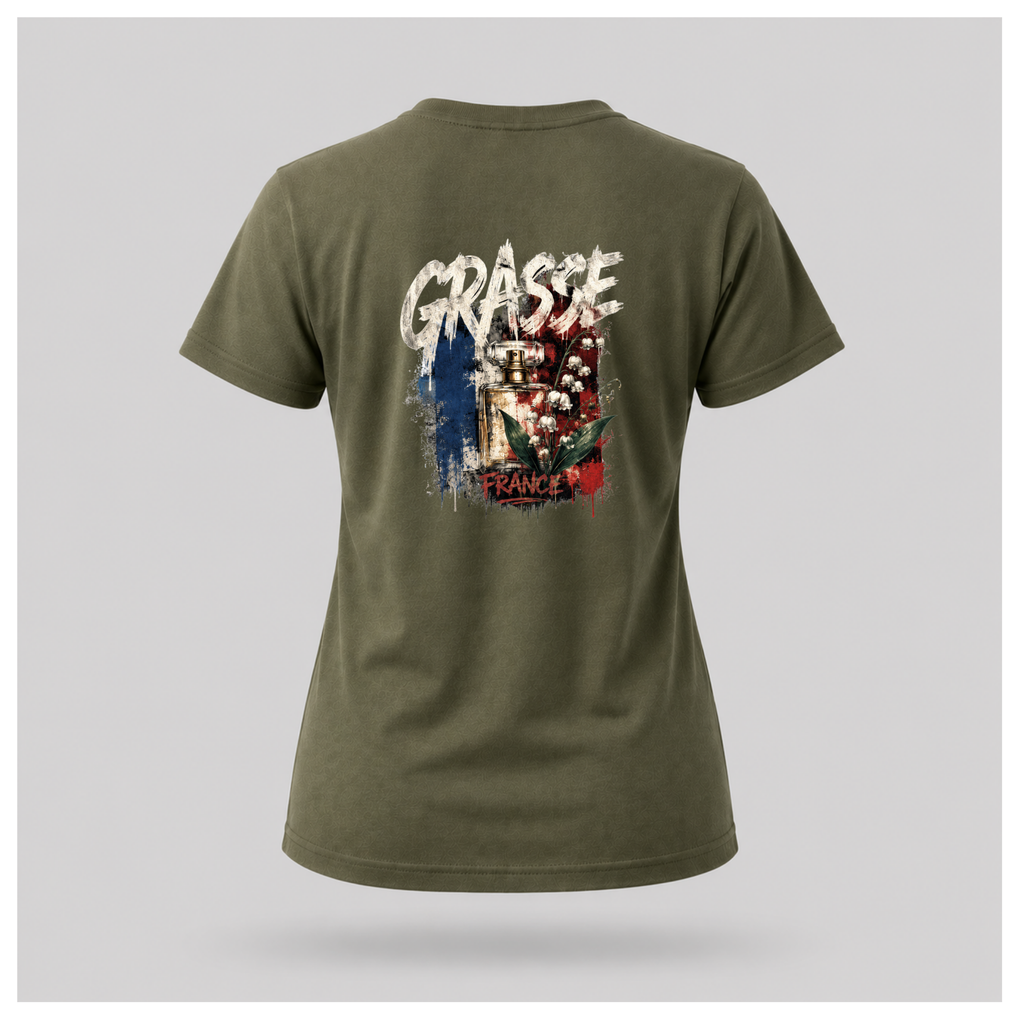 Floating female form wearing the Military Green Gildan 5000 Grasse Street Code T-shirt showing the BACK design featuring distressed Grasse typography, vintage perfume bottle and lily of the valley artwork inspired by the fragrance capital of France by RIOTTEES.