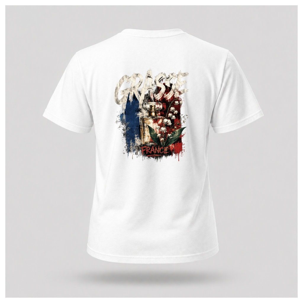 Floating male form wearing the White Gildan 5000 Grasse Street Code T-shirt showing the BACK design featuring distressed Grasse typography, vintage perfume bottle and lily of the valley artwork inspired by the fragrance capital of France by RIOTTEES.