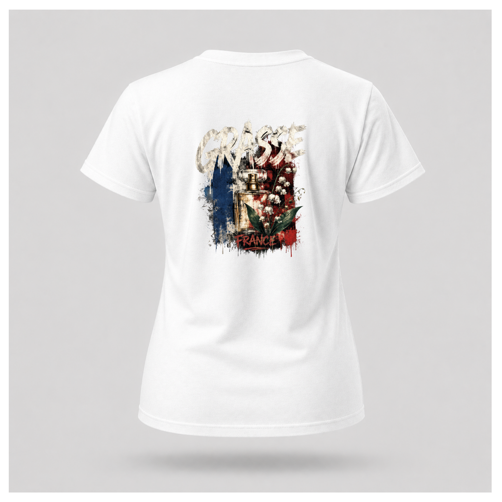Floating female form wearing the White Gildan 5000 Grasse Street Code T-shirt showing the BACK design featuring distressed Grasse typography, vintage perfume bottle and lily of the valley artwork inspired by the fragrance capital of France by RIOTTEES.