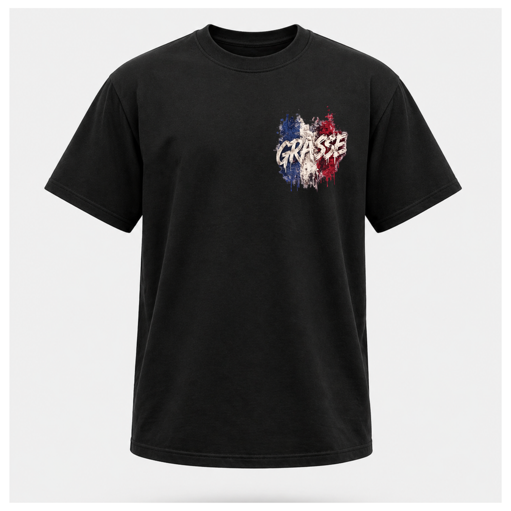Floating male form wearing the Black Gildan 5000 Grasse Street Code T-shirt showing the FRONT with the Grasse pocket print inspired by the fragrance capital of France by RIOTTEES.