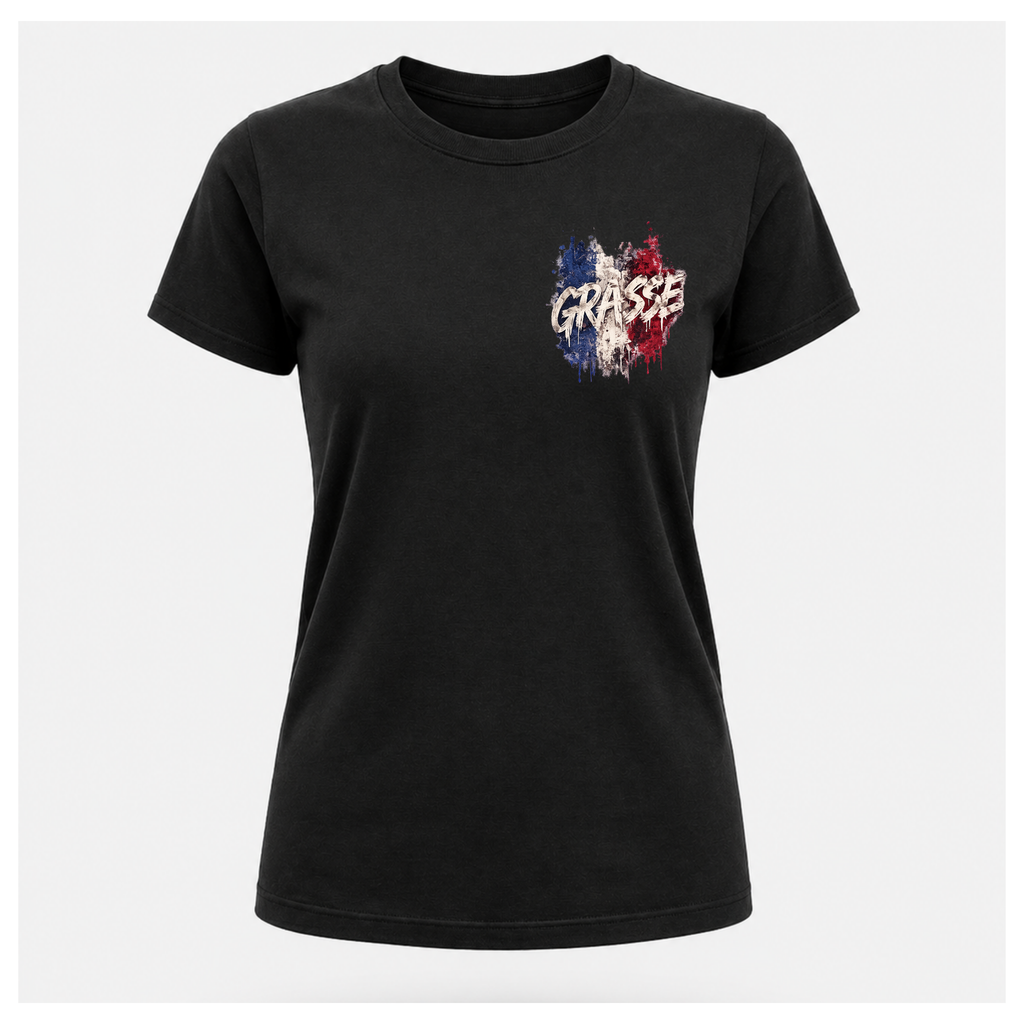 Floating female form wearing the Black Gildan 5000 Grasse Street Code T-shirt showing the FRONT with the Grasse pocket print inspired by the fragrance capital of France by RIOTTEES.