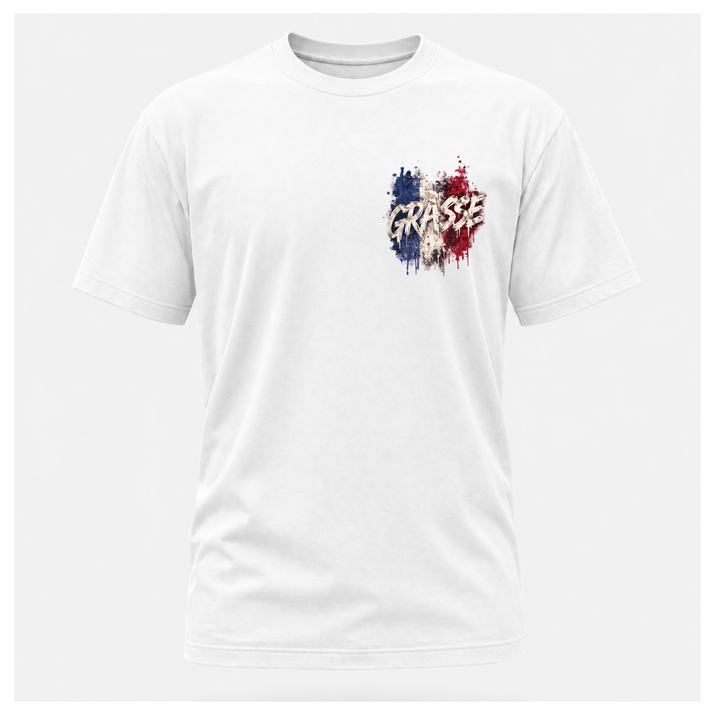 Floating male form wearing the White Gildan 5000 Grasse Street Code T-shirt showing the FRONT with the Grasse pocket print inspired by the fragrance capital of France by RIOTTEES.