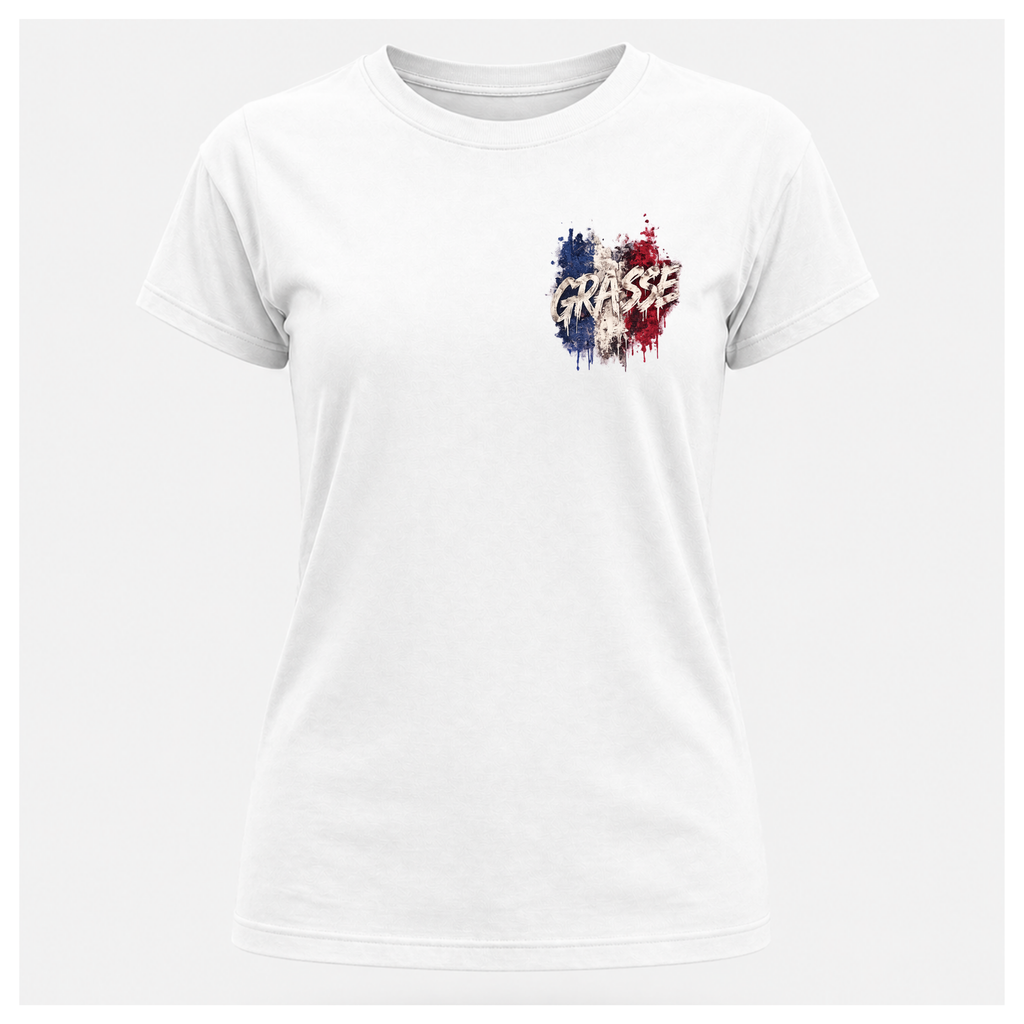 Floating female form wearing the White Gildan 5000 Grasse Street Code T-shirt showing the FRONT with the Grasse pocket print inspired by the fragrance capital of France by RIOTTEES.