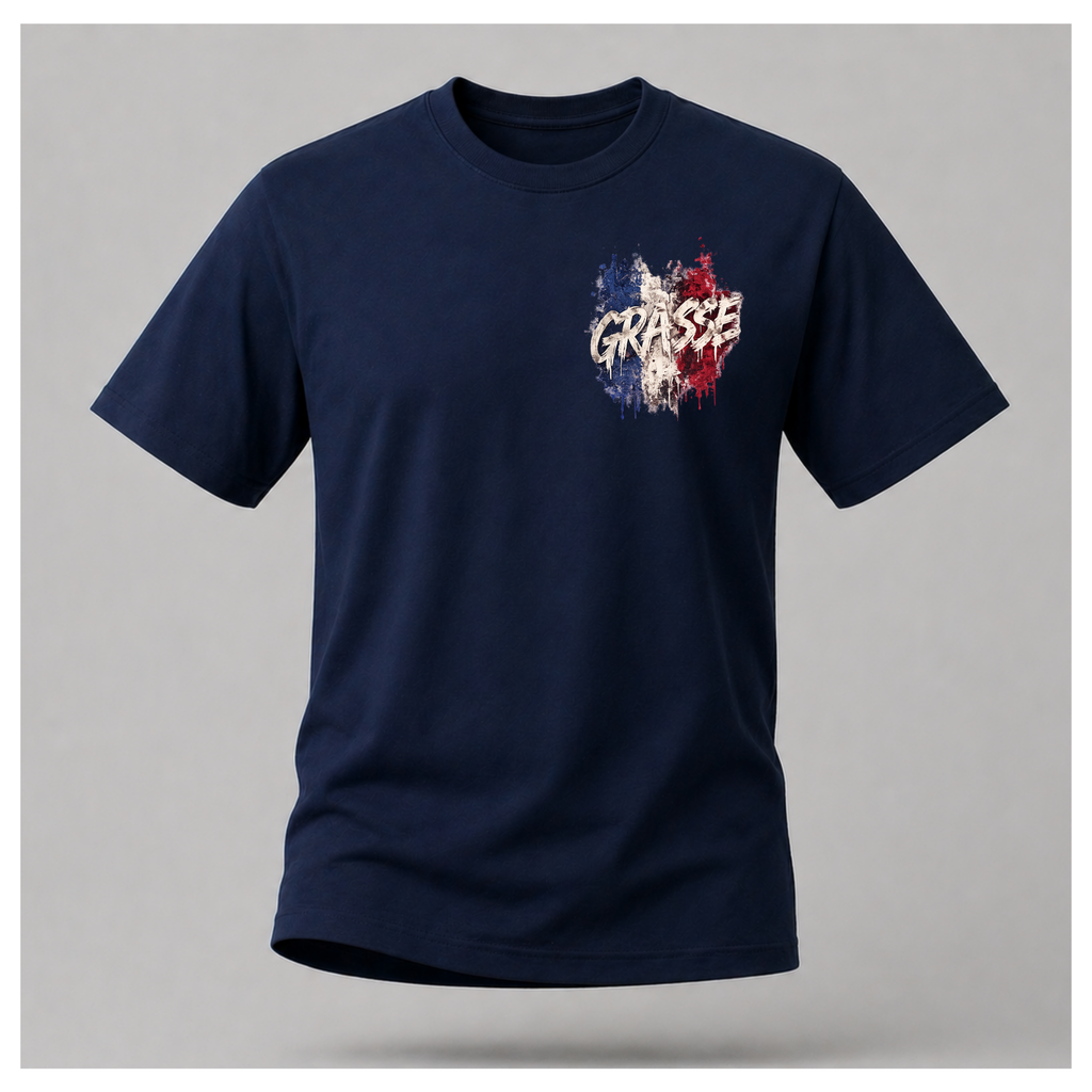 Floating male form wearing the Navy Blue Gildan 5000 Grasse Street Code T-shirt showing the FRONT with the Grasse pocket print inspired by the fragrance capital of France by RIOTTEES.