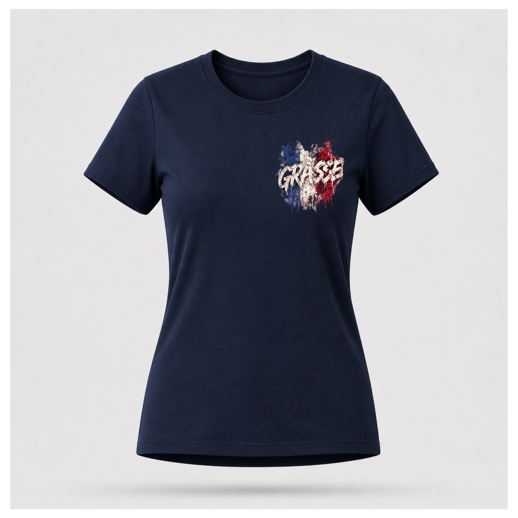 Floating female form wearing the Navy Blue Gildan 5000 Grasse Street Code T-shirt showing the FRONT with the Grasse pocket print inspired by the fragrance capital of France by RIOTTEES.