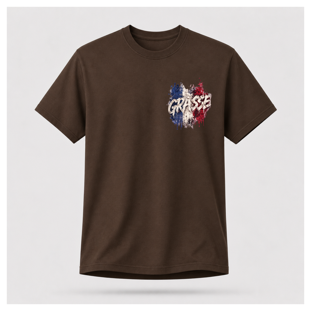Floating male form wearing the Chocolate Brown Gildan 5000 Grasse Street Code T-shirt showing the FRONT with the Grasse pocket print inspired by the fragrance capital of France by RIOTTEES.
