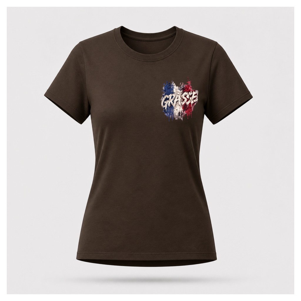 Floating female form wearing the Chocolate Brown Gildan 5000 Grasse Street Code T-shirt showing the FRONT with the Grasse pocket print inspired by the fragrance capital of France by RIOTTEES.