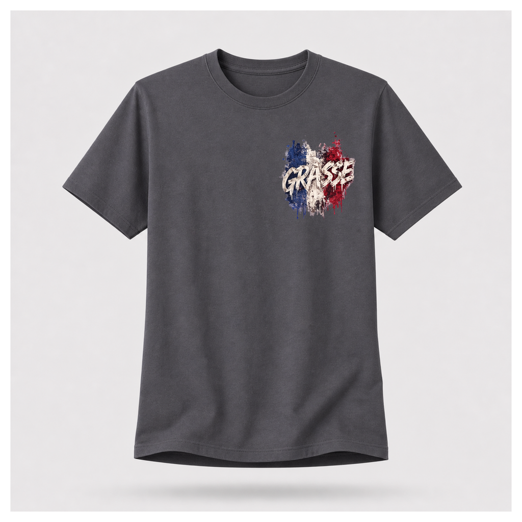 Floating male form wearing the Charcoal Grey Gildan 5000 Grasse Street Code T-shirt showing the FRONT with the Grasse pocket print inspired by the fragrance capital of France by RIOTTEES.