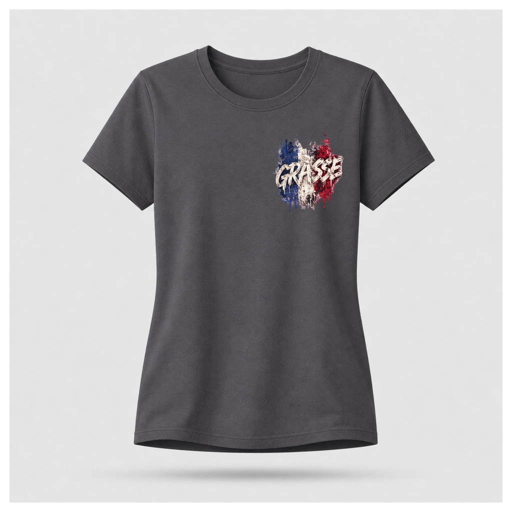Floating female form wearing the Charcoal Grey Gildan 5000 Grasse Street Code T-shirt showing the FRONT with the Grasse pocket print inspired by the fragrance capital of France by RIOTTEES.