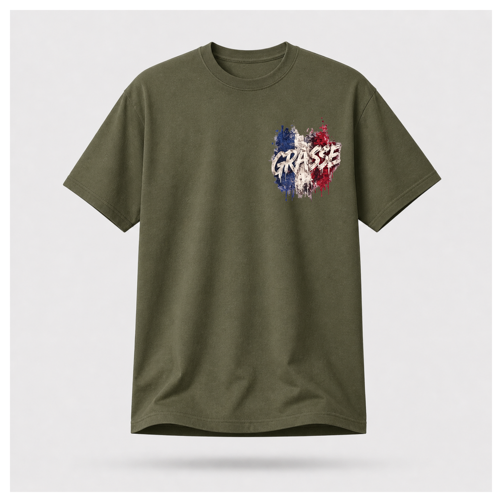 Floating male form wearing the Military Green Gildan 5000 Grasse Street Code T-shirt showing the FRONT with the Grasse pocket print inspired by the fragrance capital of France by RIOTTEES.