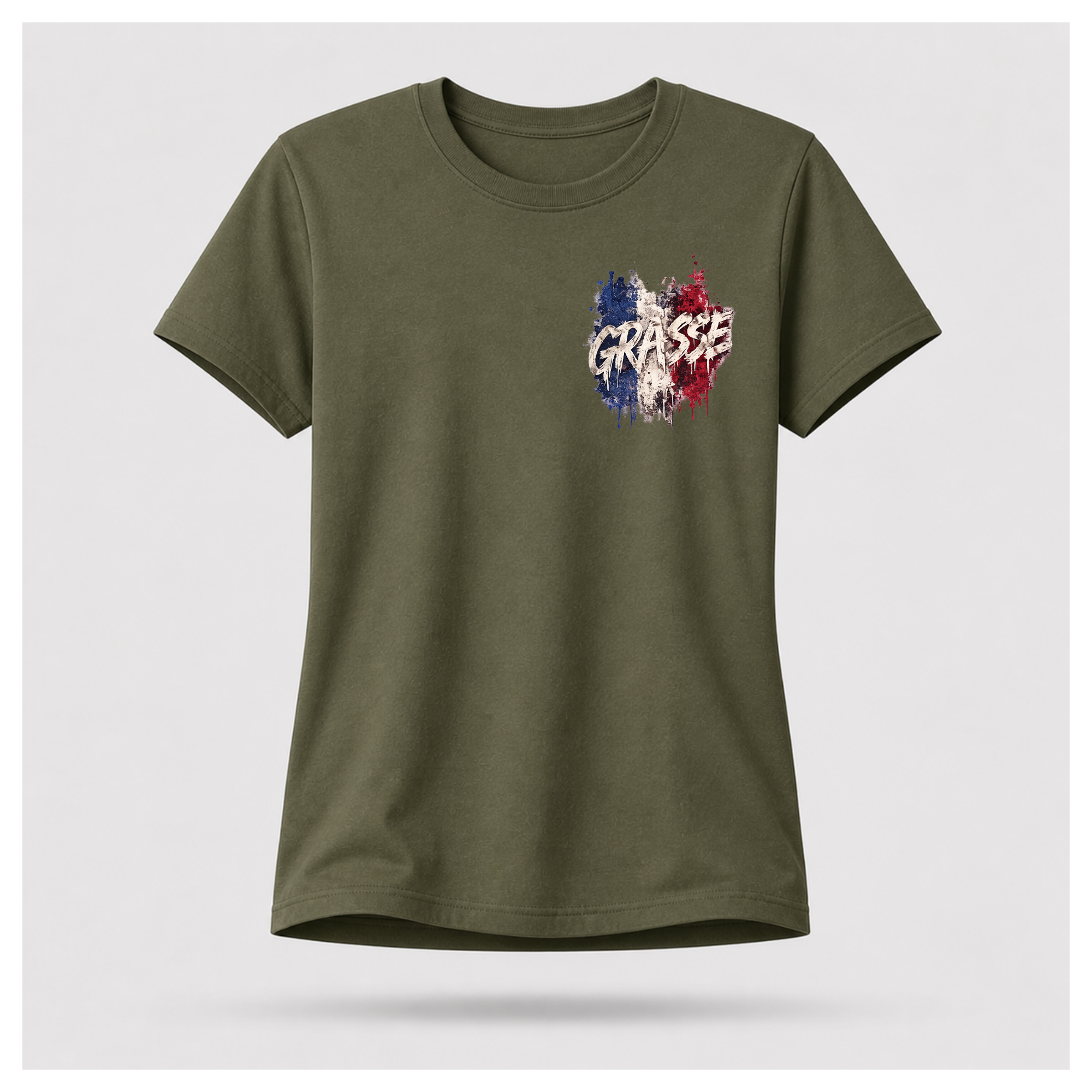Floating female form wearing the Military Green Gildan 5000 Grasse Street Code T-shirt showing the FRONT with the Grasse pocket print inspired by the fragrance capital of France by RIOTTEES.