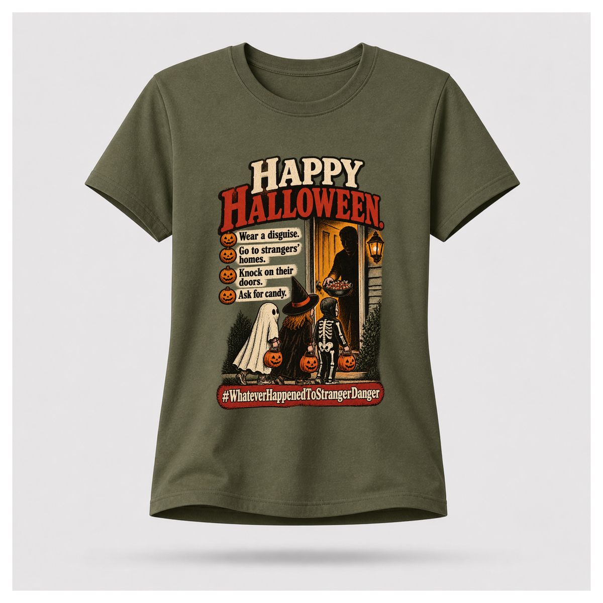 Military Green Halloween vs Stranger Danger T-shirt on a female-form floating tee, featuring trick-or-treating children and a retro stranger danger Halloween graphic.