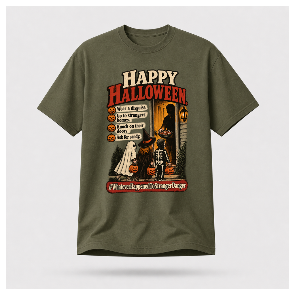 Military Green Halloween vs Stranger Danger T-shirt on a male-form floating tee, featuring trick-or-treating children and a retro stranger danger Halloween graphic.