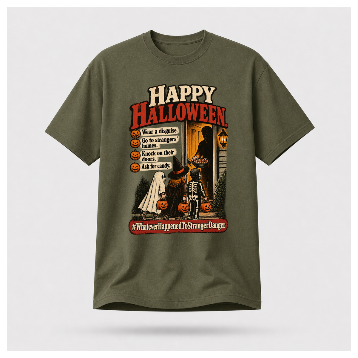 Military Green Halloween vs Stranger Danger T-shirt on a male-form floating tee, featuring trick-or-treating children and a retro stranger danger Halloween graphic.