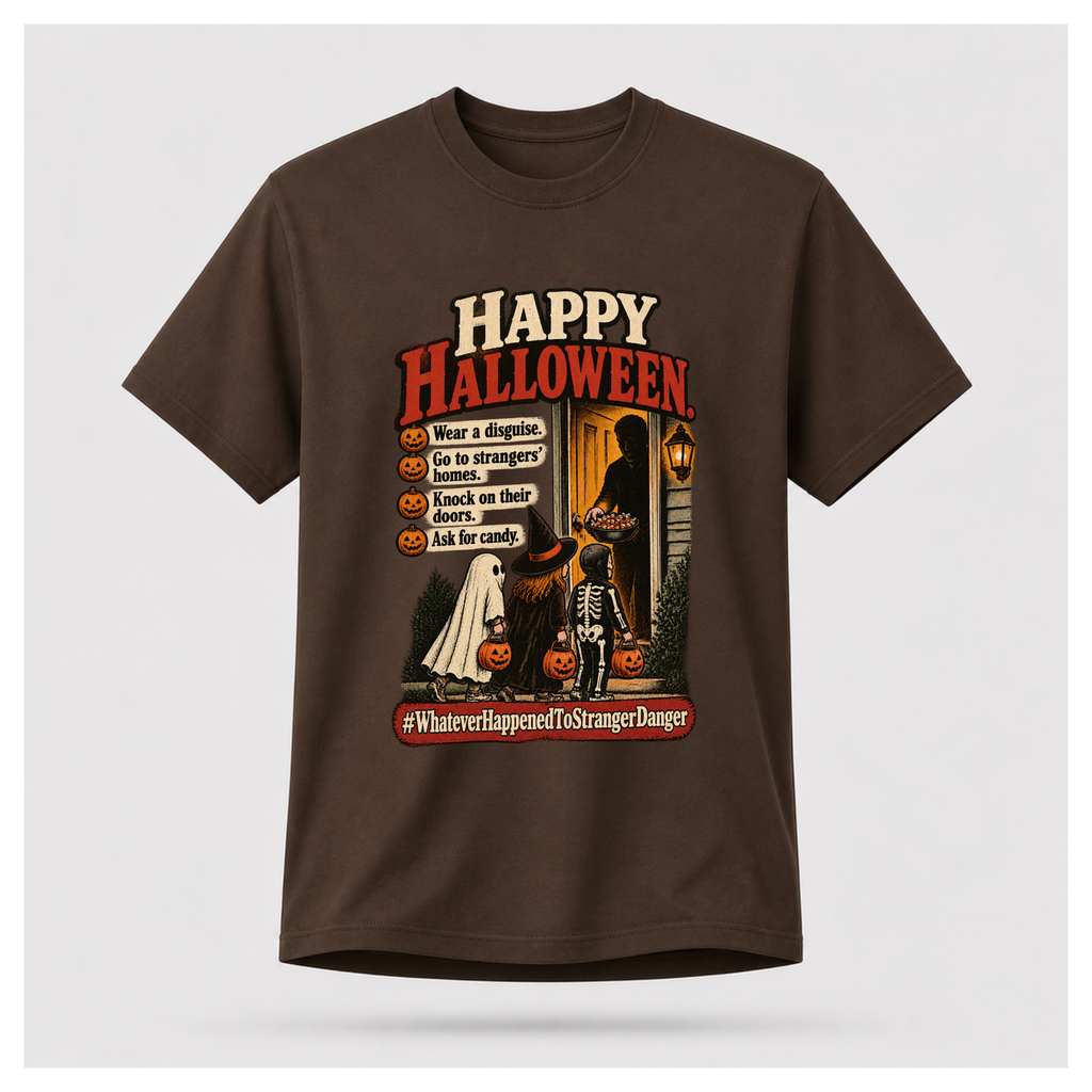 Dark Chocolate Brown Halloween vs Stranger Danger T-shirt on a male-form floating tee, featuring trick-or-treating children and a retro stranger danger Halloween graphic.