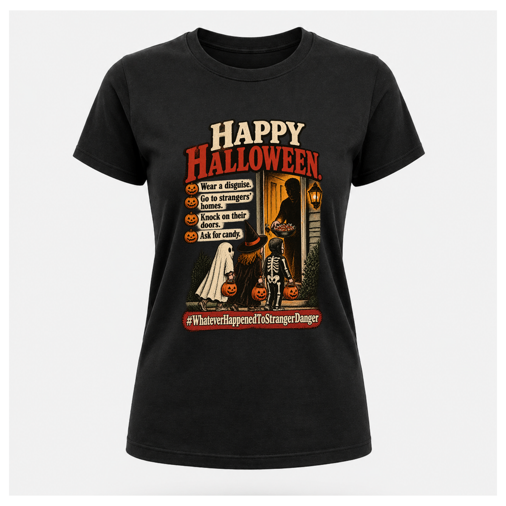 Black Halloween vs Stranger Danger T-shirt on a female-form floating tee, featuring trick-or-treating children and a retro stranger danger Halloween graphic.