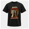 Black Halloween vs Stranger Danger T-shirt on a male-form floating tee, featuring trick-or-treating children and a retro stranger danger Halloween graphic.