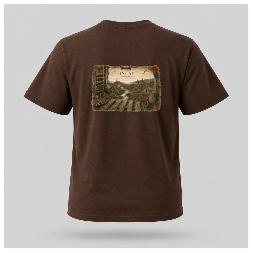 Chocolate Brown male form floating tee displaying the back design featuring an illustrated Islay landscape with lighthouse, distillery, Celtic cross, chapel, weaving mill and river on a Gildan 5000 T-shirt by RIOTTEES