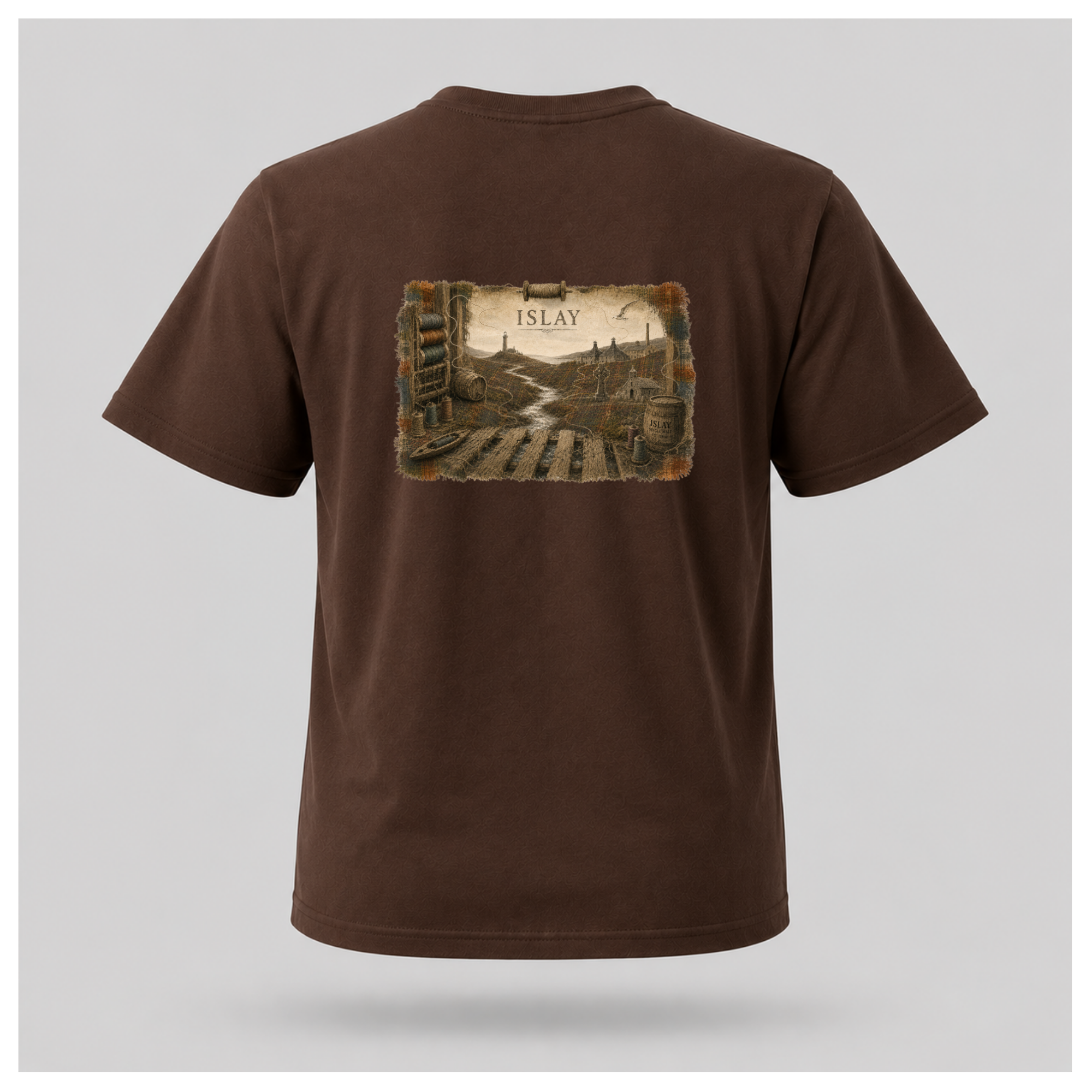 Chocolate Brown male form floating tee displaying the back design featuring an illustrated Islay landscape with lighthouse, distillery, Celtic cross, chapel, weaving mill and river on a Gildan 5000 T-shirt by RIOTTEES