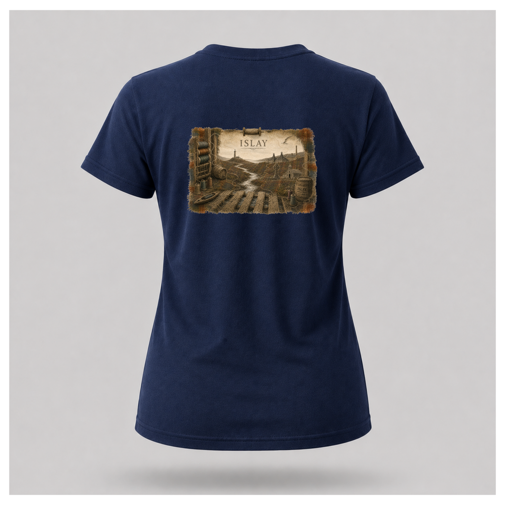 Navy Blue female form floating tee displaying the back design featuring an illustrated Islay landscape with lighthouse, distillery, Celtic cross, chapel, weaving mill and river on a Gildan 5000 T-shirt by RIOTTEES