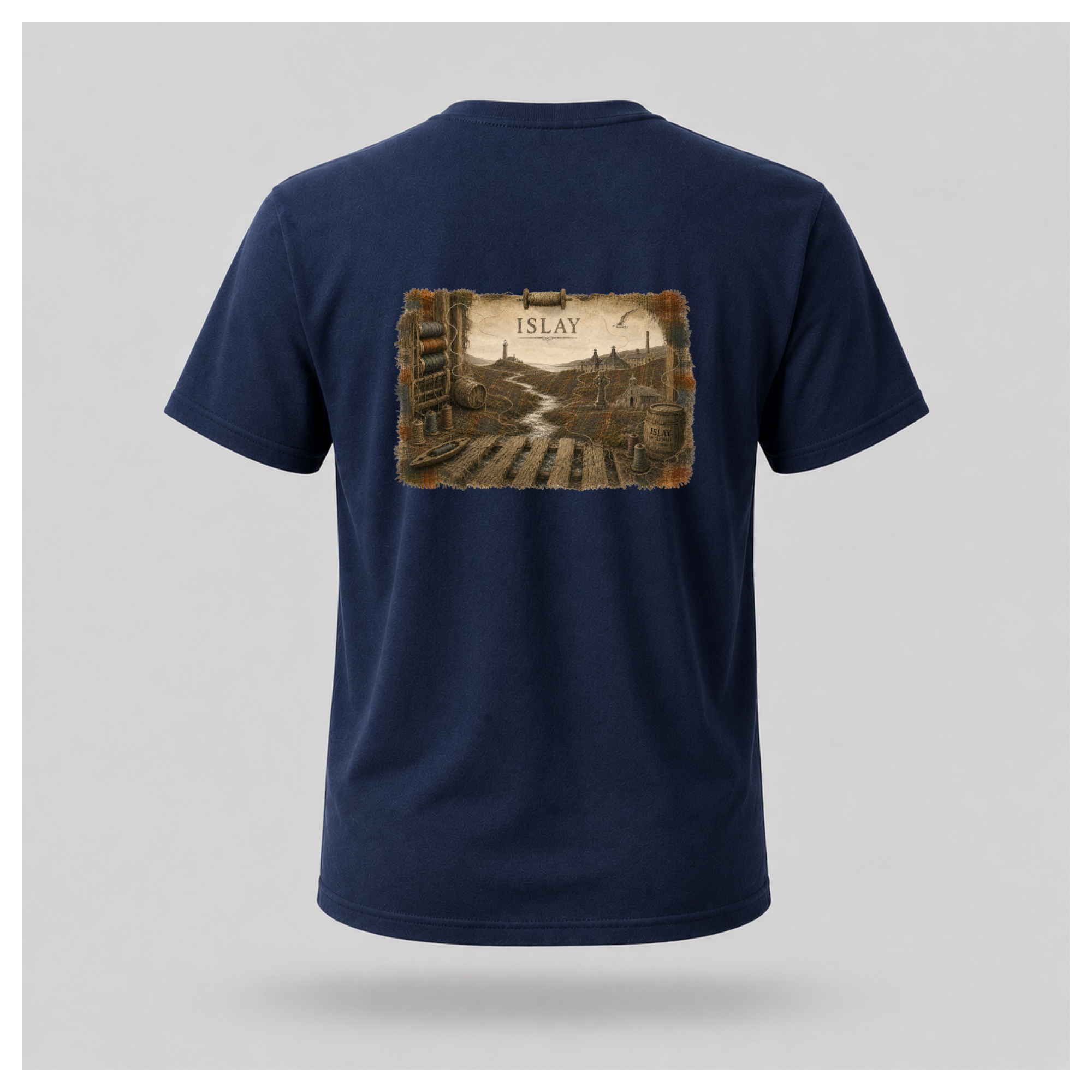 Navy Blue male form floating tee displaying the back design featuring an illustrated Islay landscape with lighthouse, distillery, Celtic cross, chapel, weaving mill and river on a Gildan 5000 T-shirt by RIOTTEES