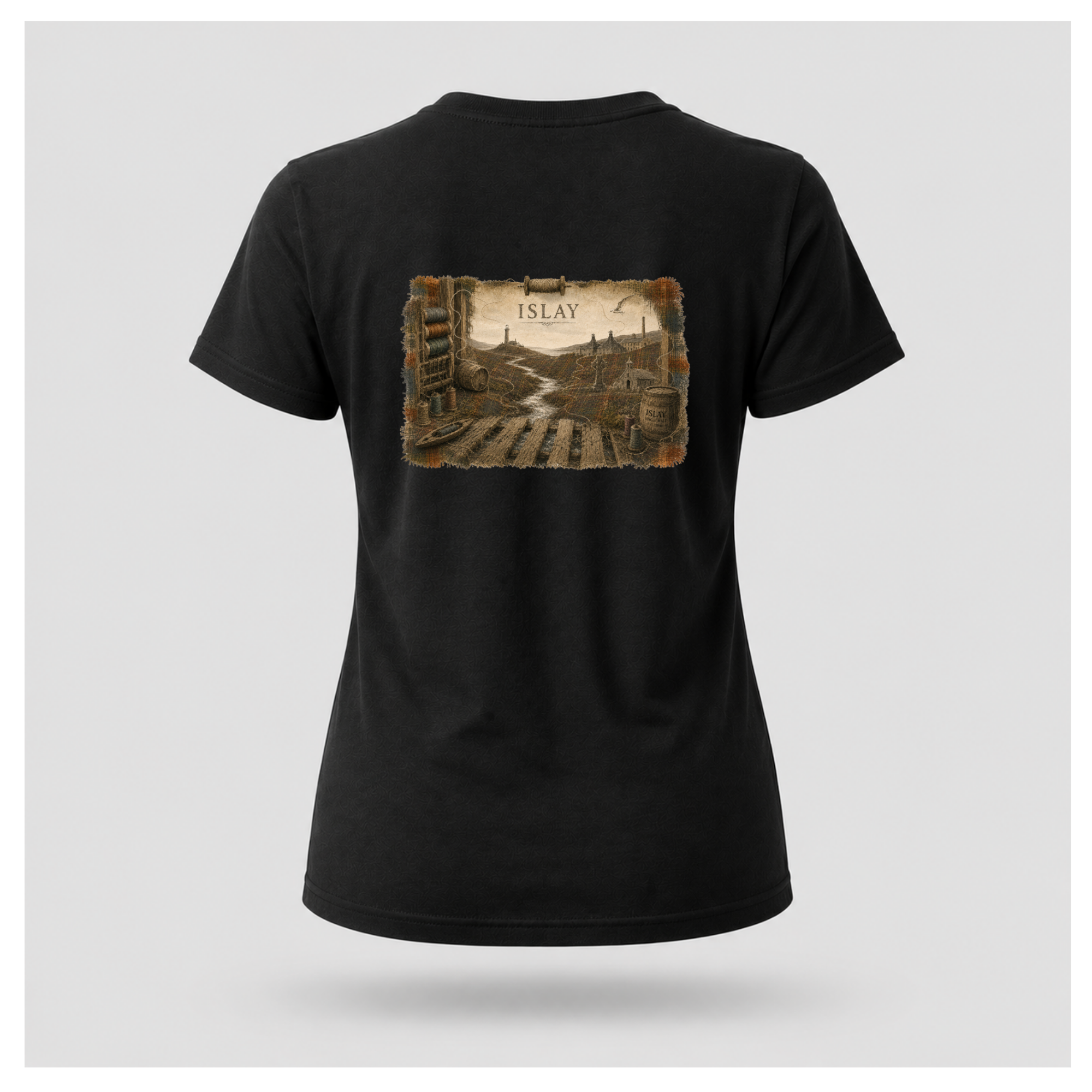 Black female form floating tee displaying the back design featuring an illustrated Islay landscape with lighthouse, distillery, Celtic cross, chapel, weaving mill and river on a Gildan 5000 T-shirt by RIOTTEES