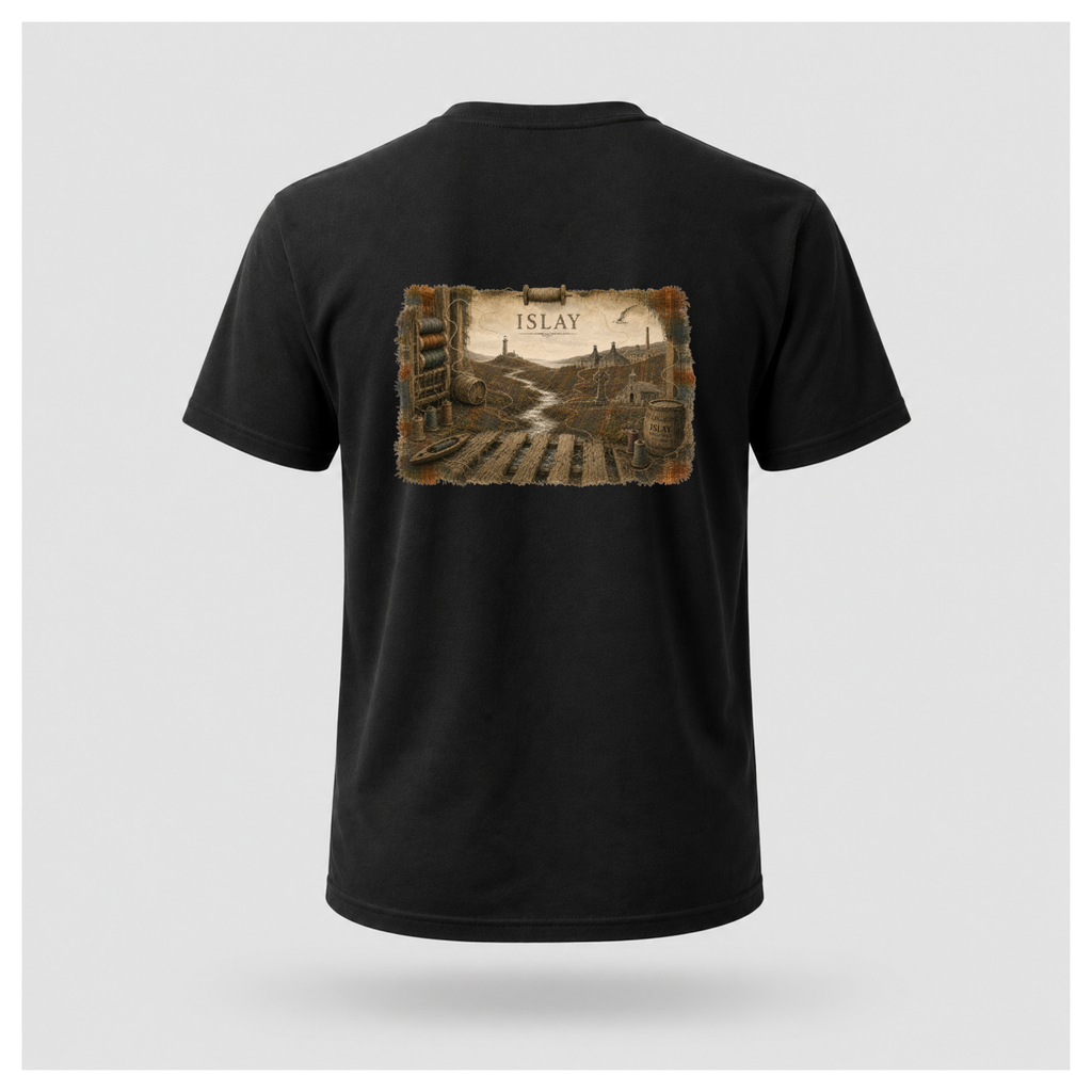 Black male form floating tee displaying the back design featuring an illustrated Islay landscape with lighthouse, distillery, Celtic cross, chapel, weaving mill and river on a Gildan 5000 T-shirt by RIOTTEES