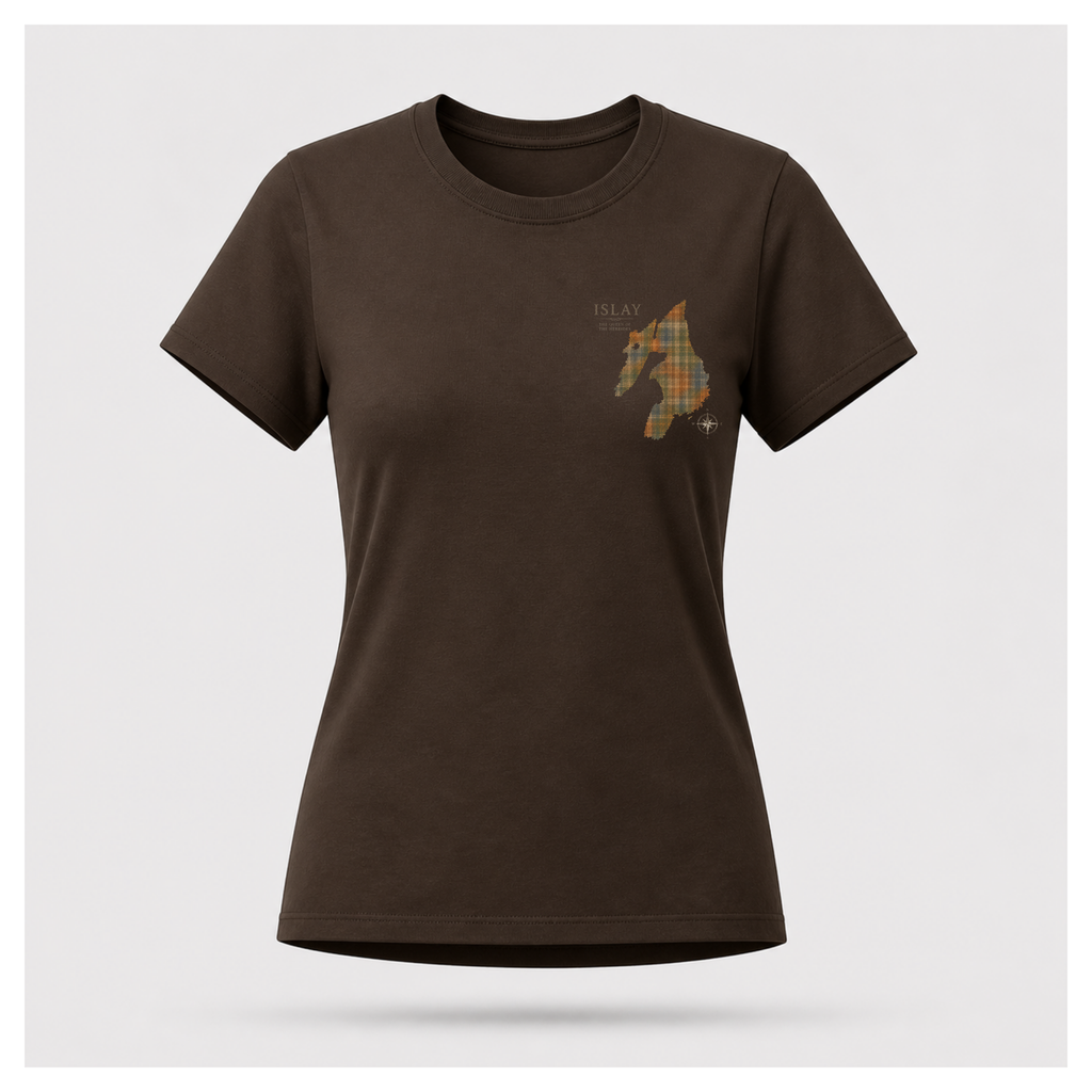 Chocolate Brown female form floating tee displaying the front design featuring a tartan silhouette map of Islay with compass and "The Queen of the Hebrides" on a Gildan 5000 T-shirt by RIOTTEES