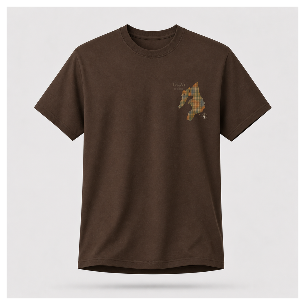 Chocolate Brown male form floating tee displaying the front design featuring a tartan silhouette map of Islay with compass and "The Queen of the Hebrides" on a Gildan 5000 T-shirt by RIOTTEES