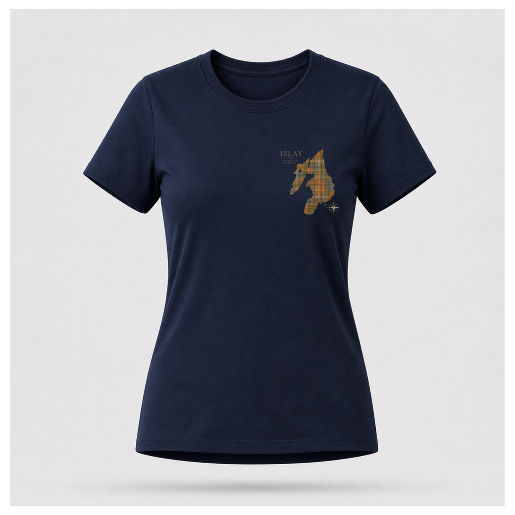 Navy Blue female form floating tee displaying the front design featuring a tartan silhouette map of Islay with compass and "The Queen of the Hebrides" on a Gildan 5000 T-shirt by RIOTTEES