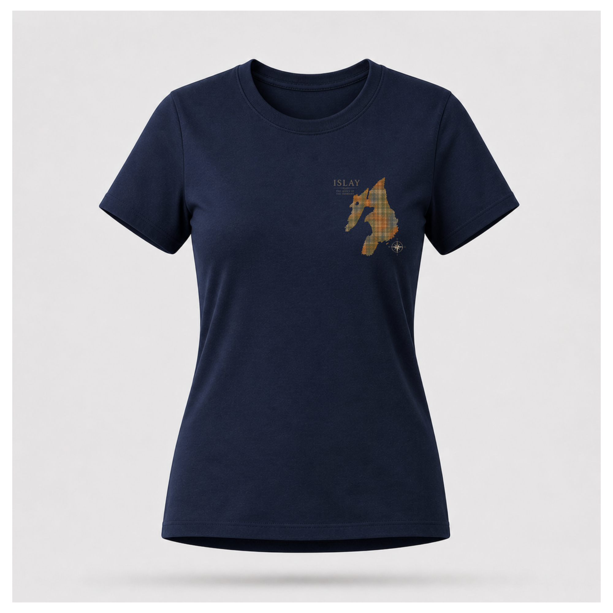 Navy Blue female form floating tee displaying the front design featuring a tartan silhouette map of Islay with compass and "The Queen of the Hebrides" on a Gildan 5000 T-shirt by RIOTTEES