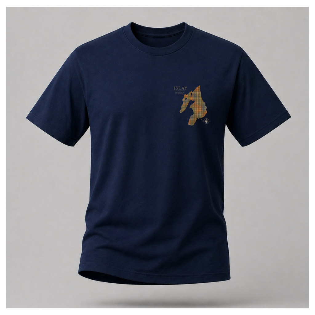 Navy Blue male form floating tee displaying the front design featuring a tartan silhouette map of Islay with compass and "The Queen of the Hebrides" on a Gildan 5000 T-shirt by RIOTTEES