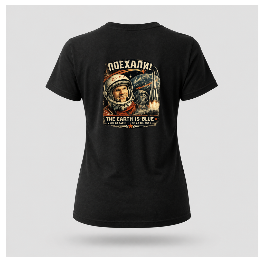 Black Let's Go! Yuri Gagarin T-shirt back displayed on a floating female-shaped figure, featuring the full vintage-inspired space exploration design by RIOTTEES.