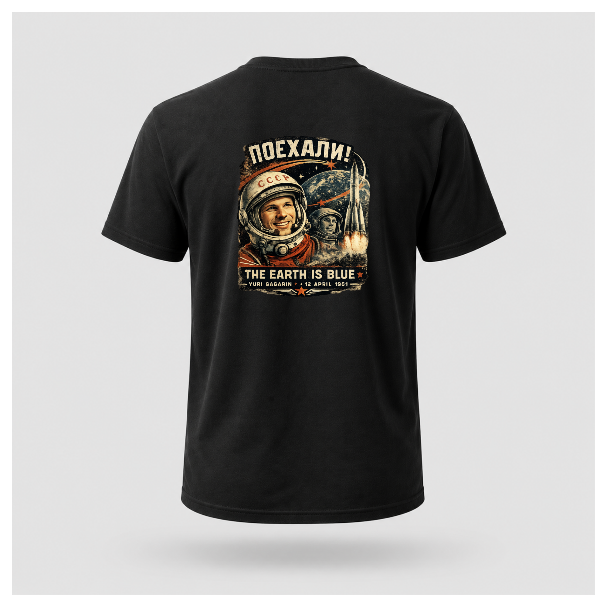 Black Let's Go! Yuri Gagarin T-shirt back displayed on a floating male-shaped figure, featuring the full vintage-inspired space exploration design by RIOTTEES.