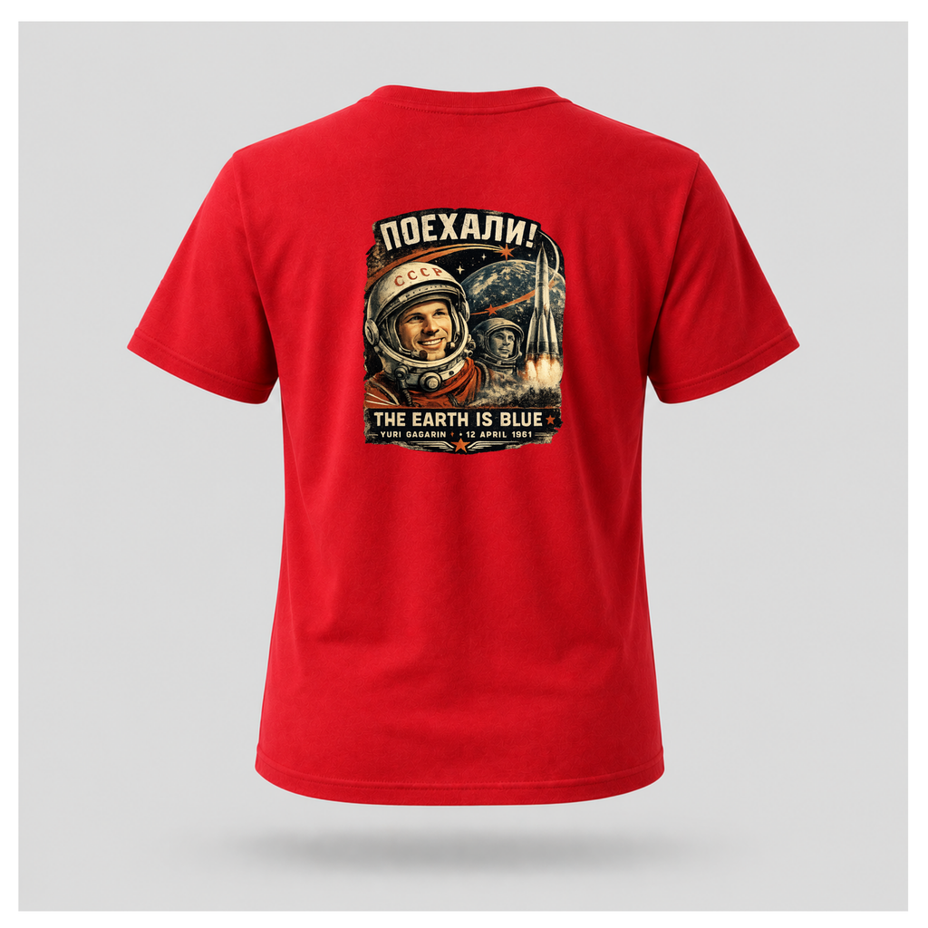 Back of a floating red male-form Gildan 5000 T-shirt featuring the The Earth Is Blue Yuri Gagarin design celebrating the first human spaceflight. by RIOTTEES
