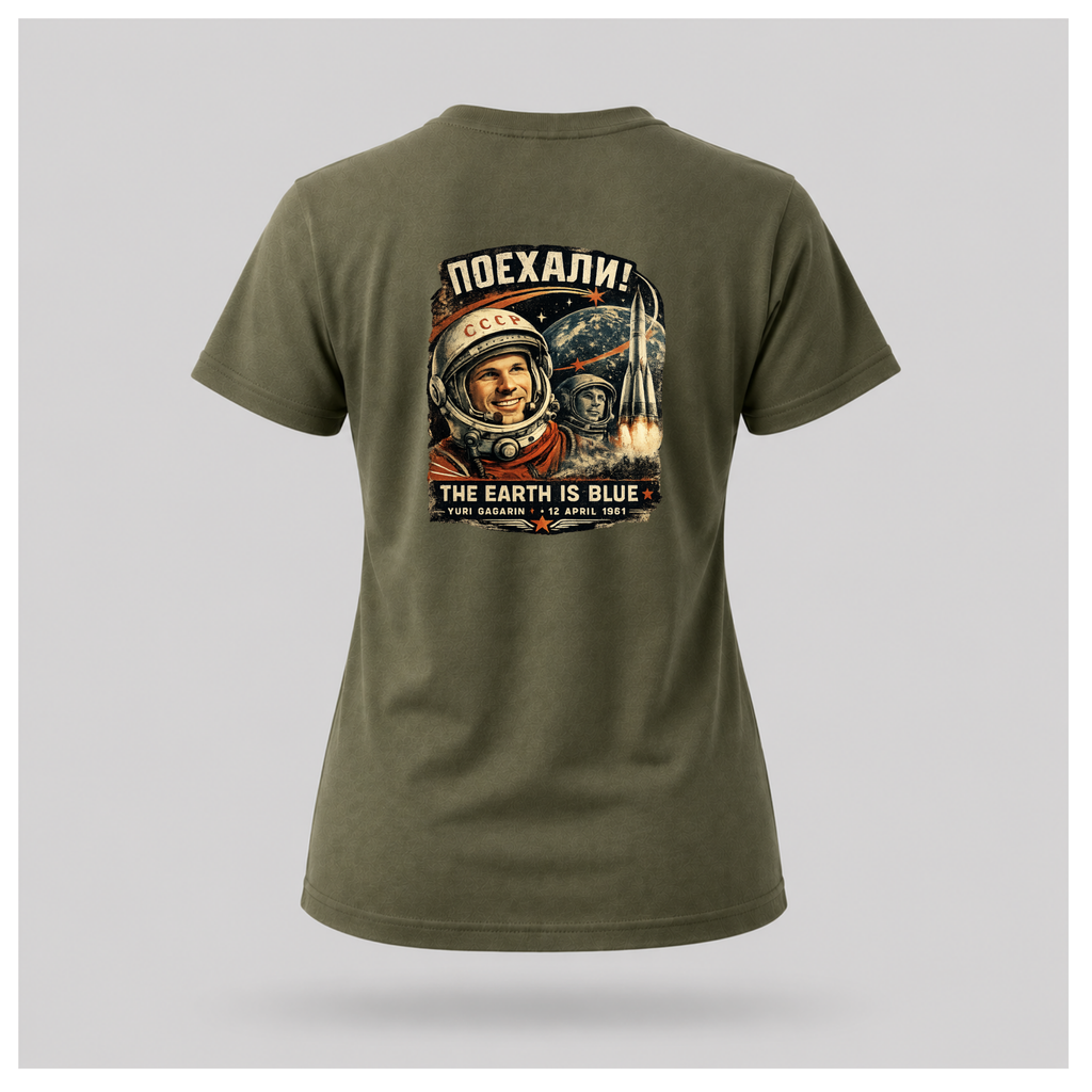 Military Green Let's Go! Yuri Gagarin T-shirt back displayed on a floating female-shaped figure, featuring the full vintage-inspired space exploration design by RIOTTEES.