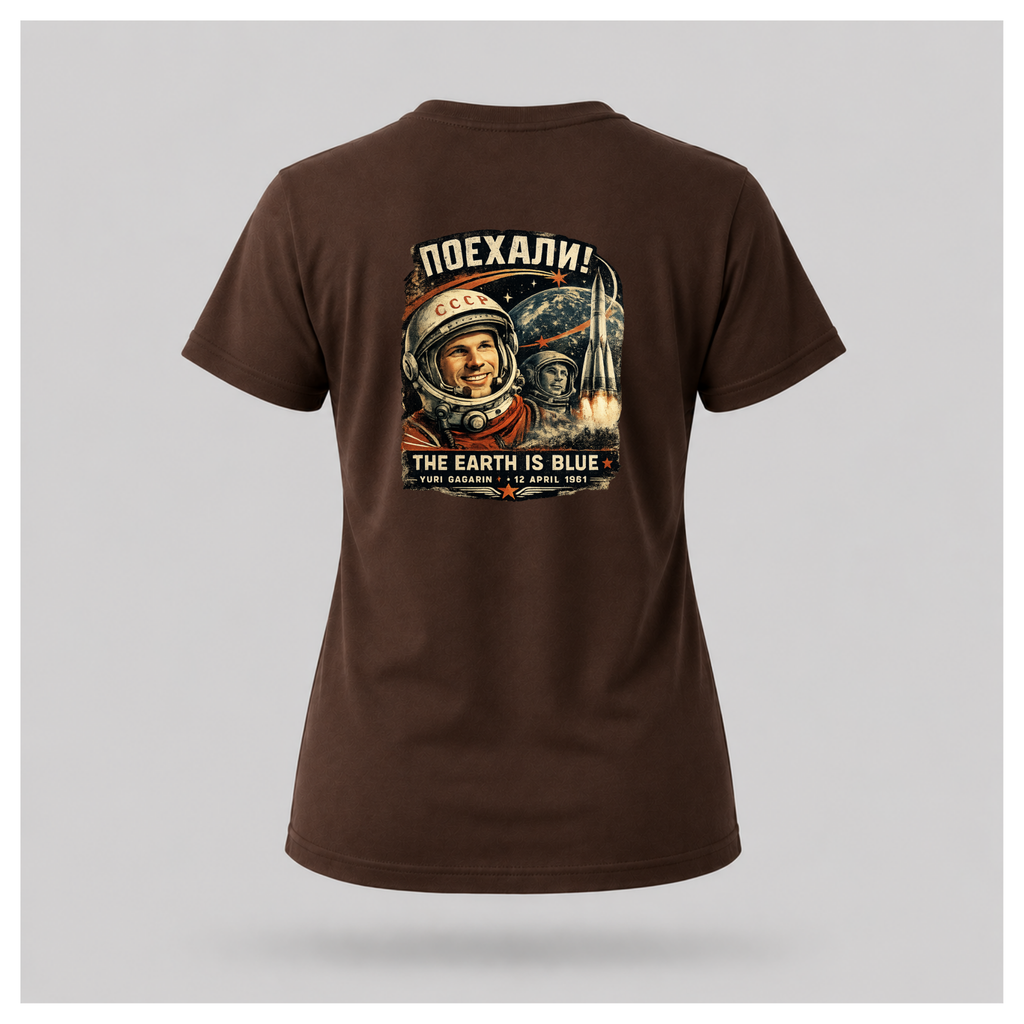 Chocolate Brown Let's Go! Yuri Gagarin T-shirt back displayed on a floating female-shaped figure, featuring the full vintage-inspired space exploration design by RIOTTEES.
