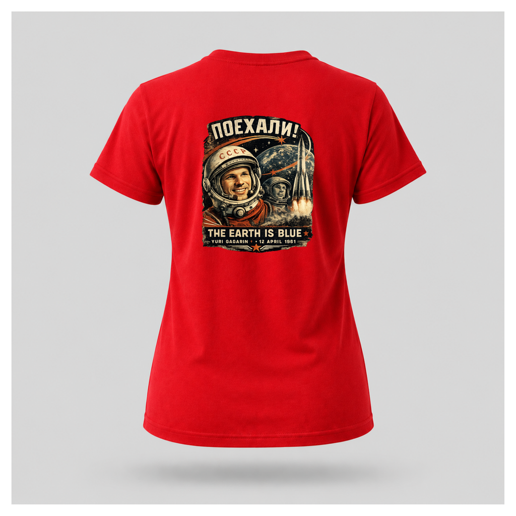 Red Let's Go! Yuri Gagarin T-shirt back displayed on a floating female-shaped figure, featuring the full vintage-inspired space exploration design by RIOTTEES.