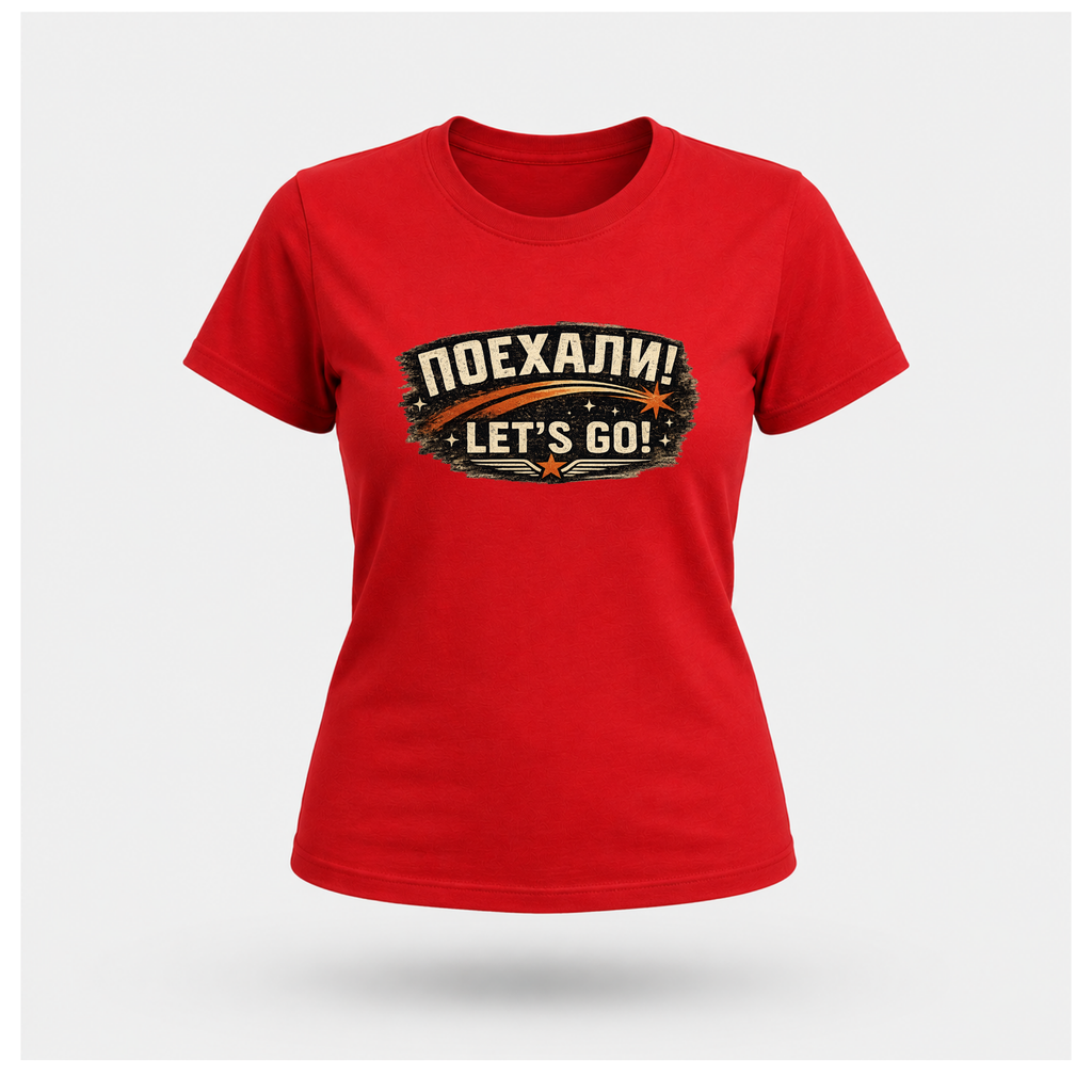 Red Let's Go! Yuri Gagarin T-shirt front displayed on a floating female-shaped figure, featuring the distressed retro chest emblem by RIOTTEES.
