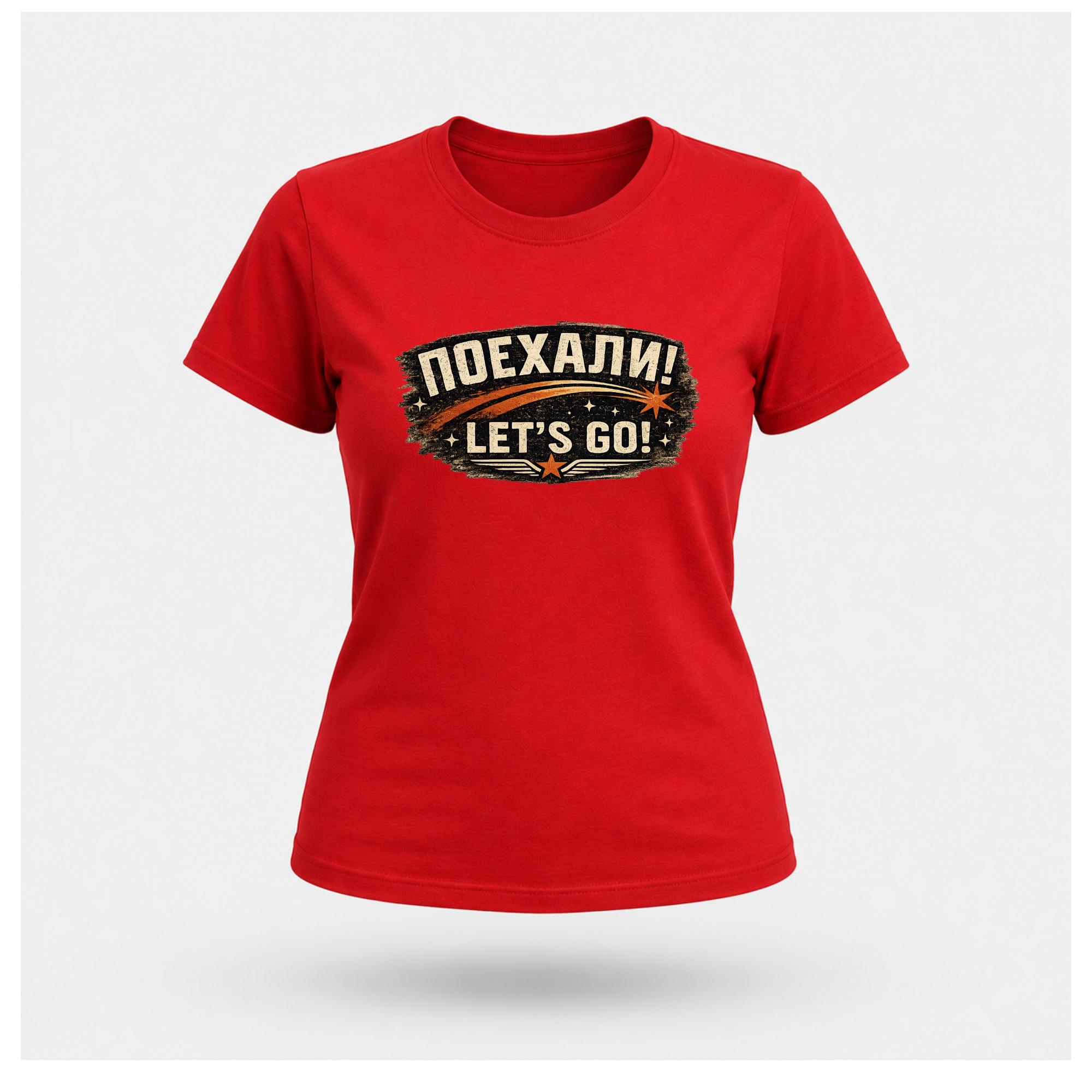 Red Let's Go! Yuri Gagarin T-shirt front displayed on a floating female-shaped figure, featuring the distressed retro chest emblem by RIOTTEES.