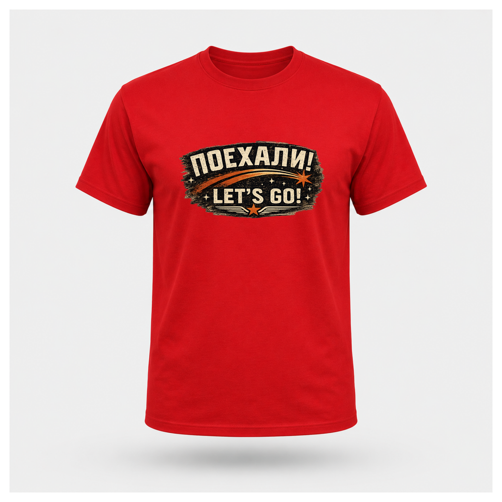 Red Let's Go! Yuri Gagarin T-shirt front displayed on a floating male-shaped figure, featuring the distressed retro chest emblem by RIOTTEES.