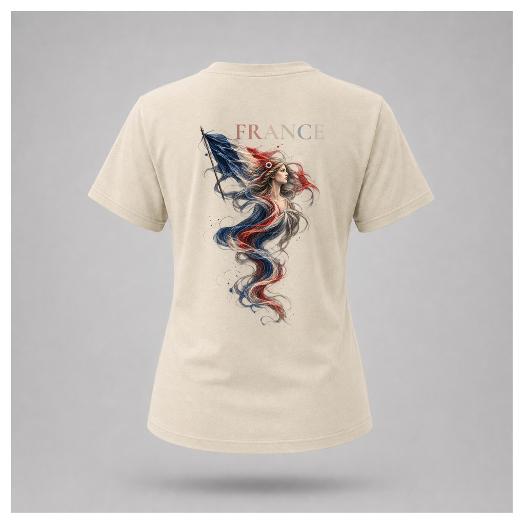 Female form floating sand Marianne — France T-shirt, back view, featuring large Marianne artwork in French tricolour tones with FRANCE above, by RIOTTEES.