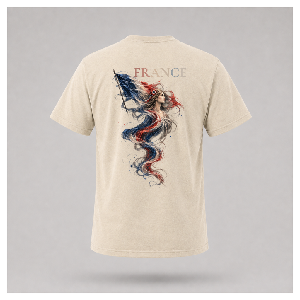 Male form floating sand Marianne — France T-shirt, back view, featuring large Marianne artwork in French tricolour tones with FRANCE above, by RIOTTEES.