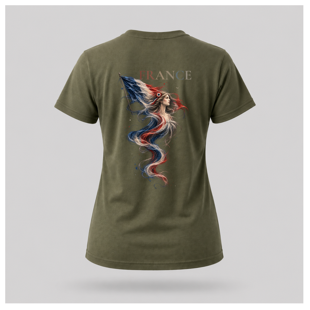 Female form floating military green Marianne — France T-shirt, back view, featuring large Marianne artwork in French tricolour tones with FRANCE above, by RIOTTEES.
