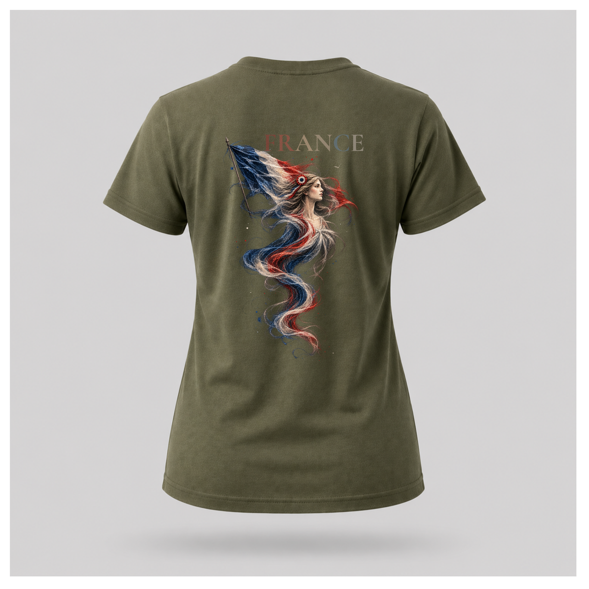 Female form floating military green Marianne — France T-shirt, back view, featuring large Marianne artwork in French tricolour tones with FRANCE above, by RIOTTEES.